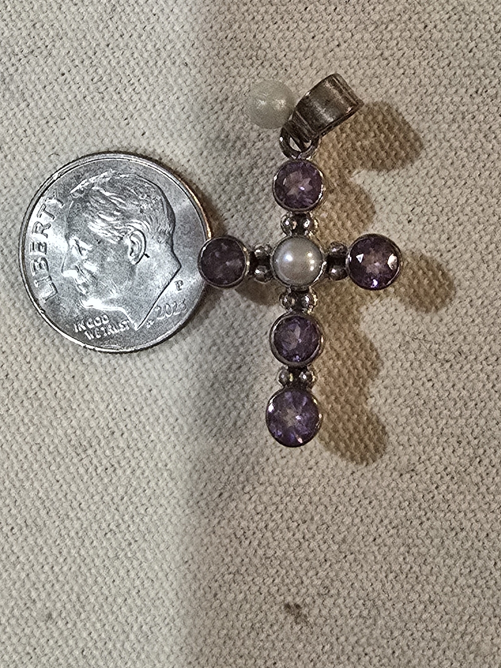 Sterling Silver Cross with Amethyst and Freshwater White Pearl